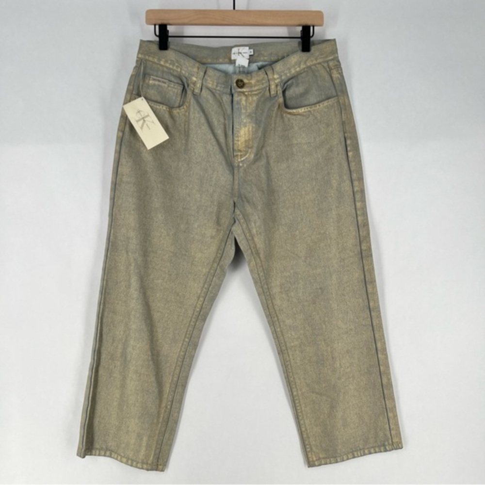 Calvin Klein 100% Cotton Gold Metallic Coated Denim Cropped Straight Leg Jean‎